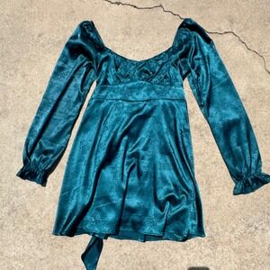 Inspired Hearts Mini Dress Sweetheart Neckline Long Sleeve‎ Teal L